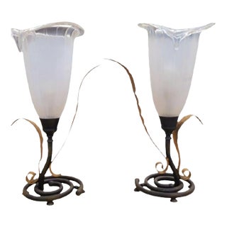 Vintage Glass Iron Huge Cala Lilly Form Standing Plug in Table Lamps- A Pair For Sale