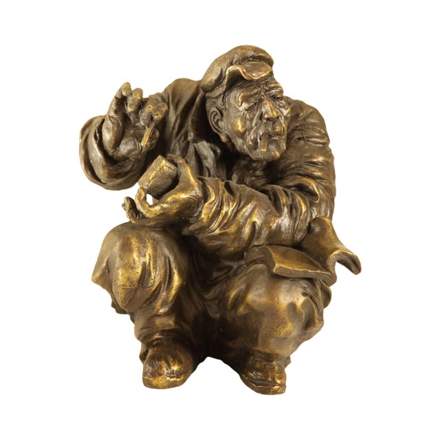 Atlie Bronze Figure of an Older Man Crouching, Reading, Striking Match (A) For Sale