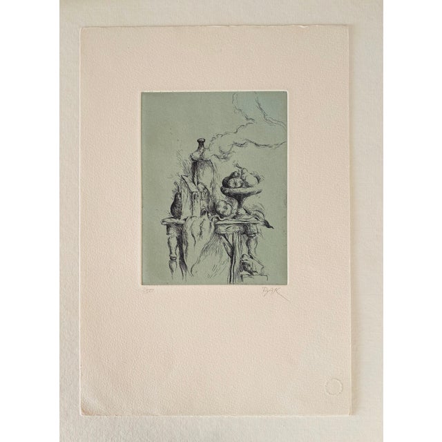 Samuel Bak, Samuel Bak Surrealist Etching Israeli Bezalel Artist "Hidden Pear", Fruit Bowl For Sale - Image 10 of 10