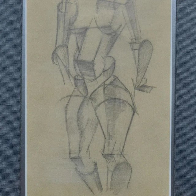 Female nude drawings in Cubist style are early 20th century drawn in pencil and framed with grey linen passe par-tout. In...
