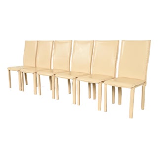 Mario Bellini Style Italian Modern Cream Leather Wrapped High Back Dining Chairs, Set of Six For Sale
