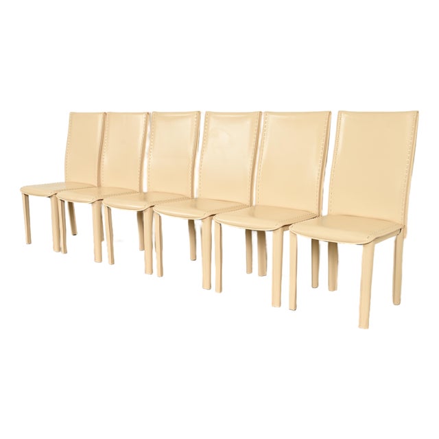 Mario Bellini Style Italian Modern Cream Leather Wrapped High Back Dining Chairs, Set of Six For Sale