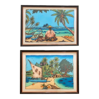 1991 French Polynesian Figurative Watercolor Paintings by Emmanuel Masson, Framed - Set of 2 For Sale