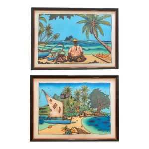 1991 French Polynesian Figurative Watercolor Paintings by Emmanuel Masson, Framed - Set of 2