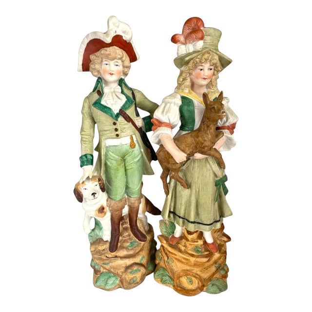 1910s Reichmannsdorf Germany Porcelain Man Dog Woman and Fawn Figurines #3507 - A Pair For Sale