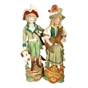 1910s Reichmannsdorf Germany Porcelain Man Dog Woman and Fawn Figurines #3507 - A Pair