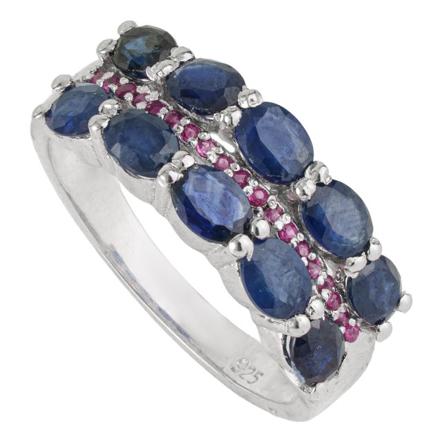 2.29 Ct Blue Sapphire and Ruby Handmade 925 Sterling Silver Ring, Size 6 For Sale