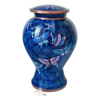 Vintage Cloisonné Enamel Butterfly & Floral Ginger Jar With Lid For Sale
