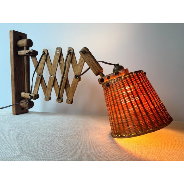 1960s Vintage Wood Scissor Lamp Danish Style W/ Wicker Shade For Sale - Image 5 of 15