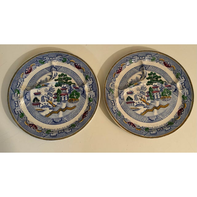 Blue Antique English Staffordshire Plates - Davenport Blue Willow Pagoda Pattern - Set of 5 For Sale - Image 8 of 11