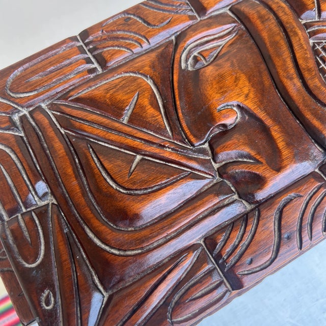 1970s A Vintage Maya Themed Carved Mahogany Small Size Trunk, Honduras, Circa 1970's For Sale - Image 5 of 12