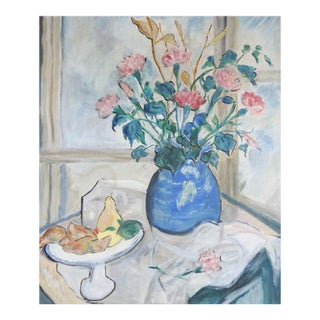 Modernist Pink Blue Floral and Fruit Still Life Painting For Sale