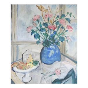 Modernist Pink Blue Floral and Fruit Still Life Painting