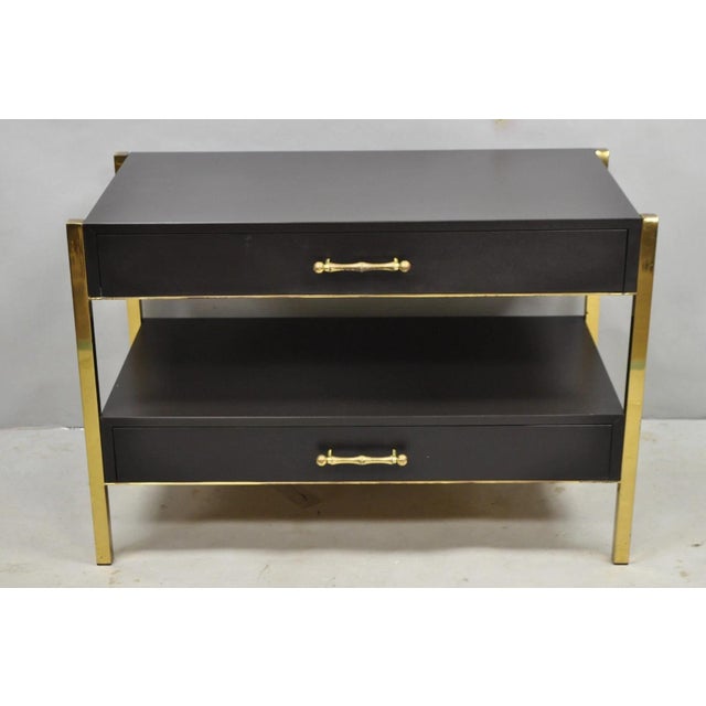 Contemporary Modern Black & Brass Faux Bamboo Oversized Nightstand Bedside Tables - a Pair. Tables feature brass faux...