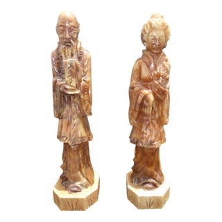 Vintage Oriental Asian Style Man & Woman Marble Statues Sculptures 18" Tall - a Pair For Sale