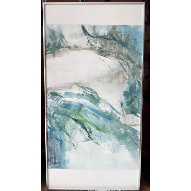 Large Abstract Coastal Original Painting Watercolor Triptych Blue Green Wall Art Modern Signed Framed For Sale - Image 4 of 12
