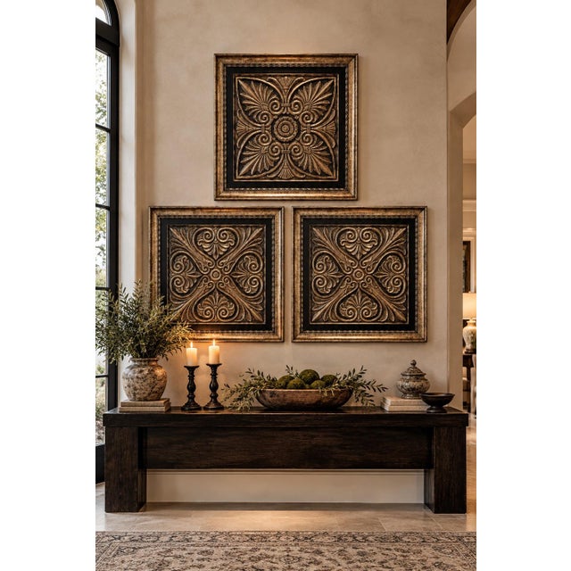 Set of 3 Oversized 33” Black & Antique Gold Architectural Relief Wall Panels For Sale - Image 10 of 11