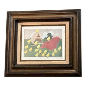 Vintage Original Folk Art Hen & Chicks Collage/Print Vintage Wood Frame
