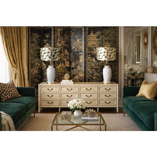 Offering a RESTORED large Pair of vintage plaster palm leaf lamps, circa 1980s. These lamps were completely disassembled,...