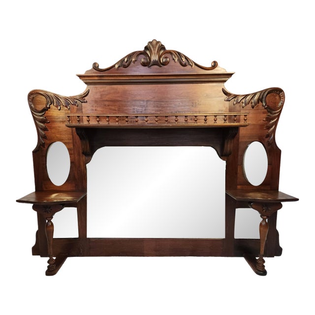 Antique Oak Mantel Topper With Beveled Mirrors & Carved Wood Detailing | Wuthering Heights Aesthetic For Sale
