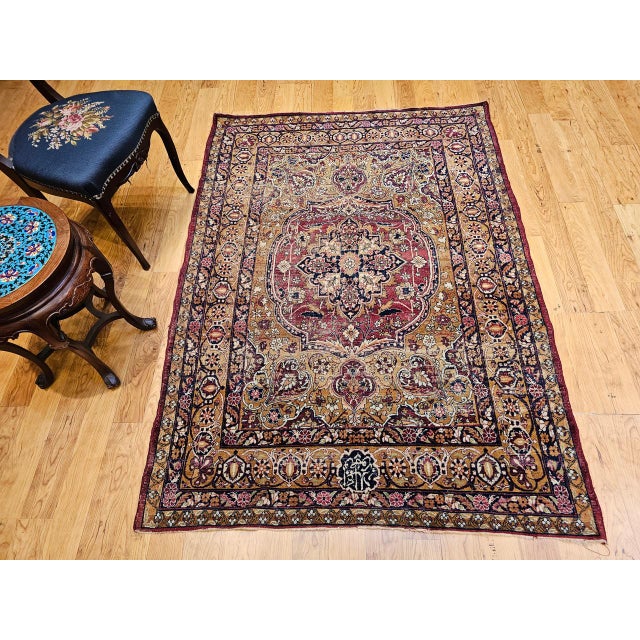 19th Century Persian Kerman Lavar Rug, Hand-Knotted Wool & Silk, Floral Pattern, Gold & Red, 4x6 For Sale In Chicago - Image 6 of 16
