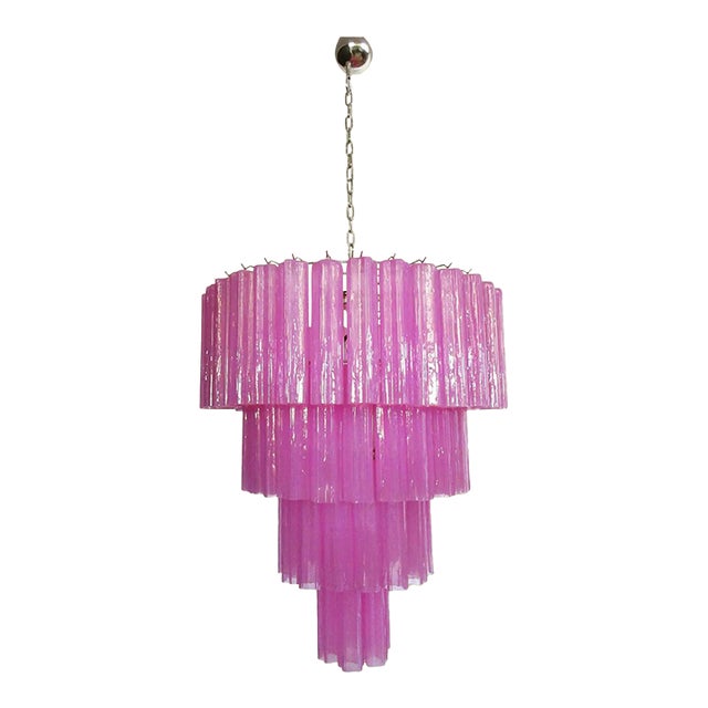 Italian Huge Pink Murano Glass Tiered Chandelier – 78 Fuchsia Silk Tubes For Sale