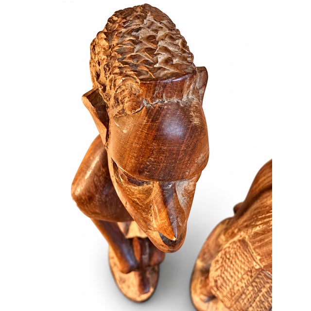 Wood 1960s African Makonde Hand-Carved Wood Sculptures | Male and Female Agricultural Workers | Matched Pair For Sale - Image 7 of 18