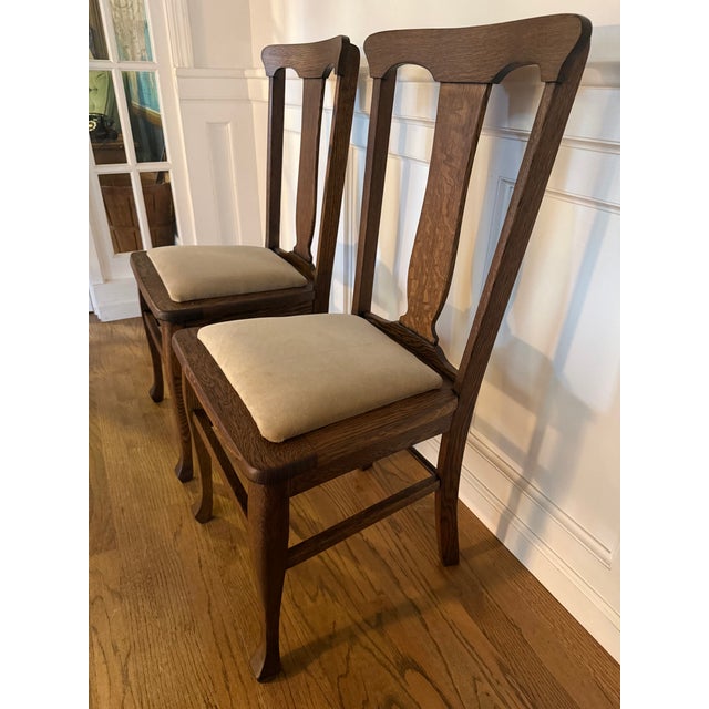 Arts & Crafts Pair of Antique Oak Dining Chairs With New Neutral Upholstery For Sale - Image 3 of 8