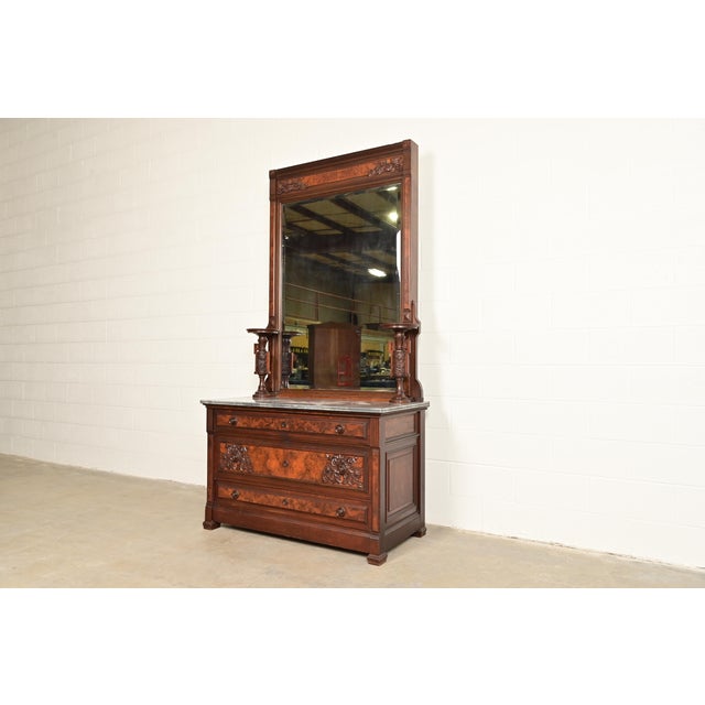 Victorian Bernheimer Collection Antique Monumental Eastlake Victorian Burled Walnut and Marble Top Vanity or Dressing Table With Mirror, Circa 1880s For Sale - Image 3 of 18