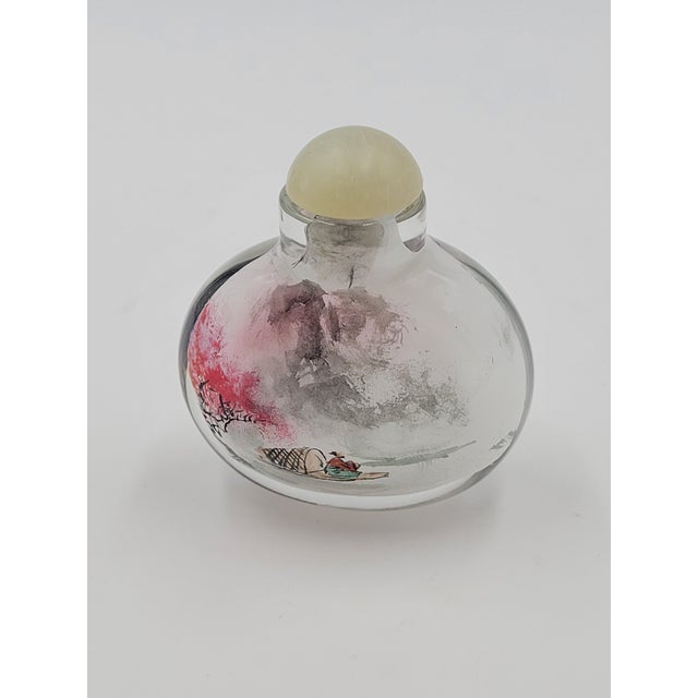 Vintage Chinese Inside-Painted Glass Snuff Bottle Fisherman & Pink Blossom Landscape For Sale - Image 10 of 11