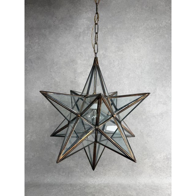Early 20th Century Moravian Star Glass and Brass Pendant Light For Sale - Image 3 of 12