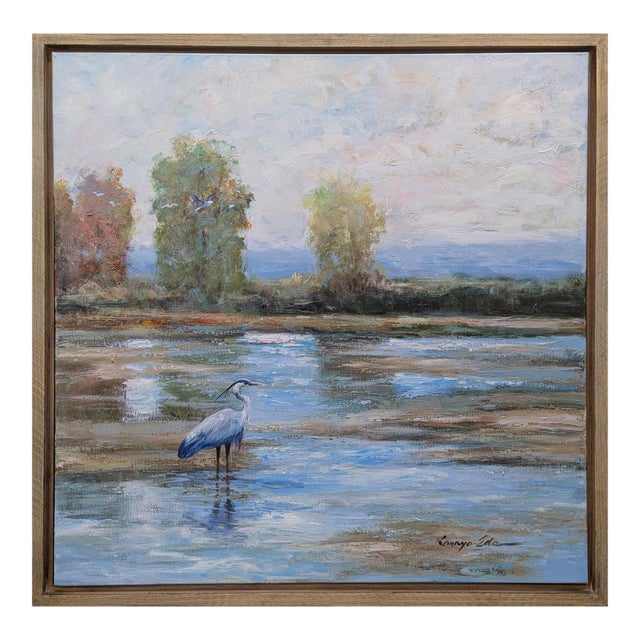 Big Landscape Art With a Great Blue Heron For Sale