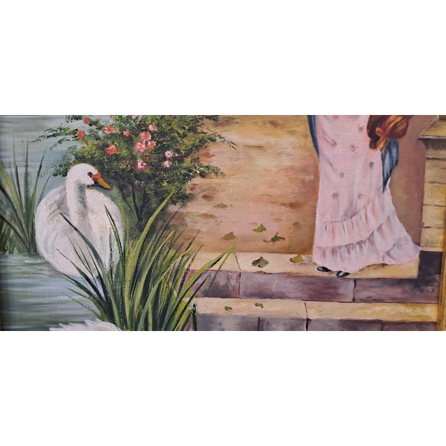 Enchanting Early 20th-Century Painting – Romantic Scene with Lady and Swans on the River A splendid oil on canvas painting...