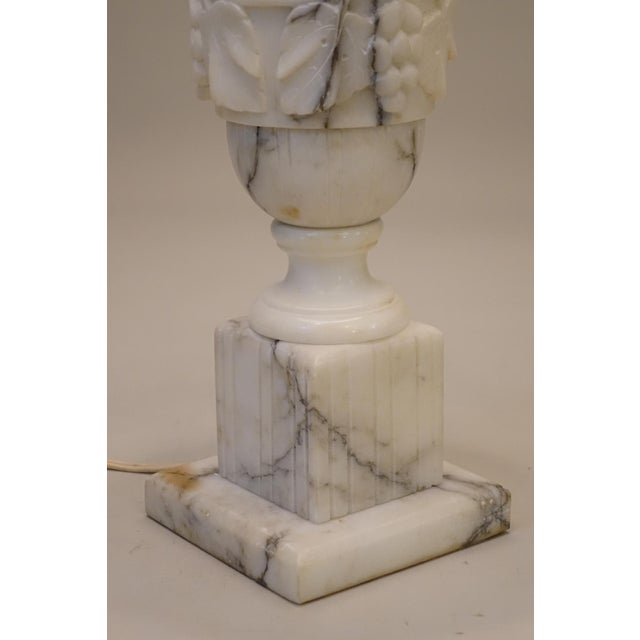 Neoclassical Urn Carved Grapes Leaves Carrara Marble Brass Table Lamp 1930's Italy For Sale - Image 9 of 13