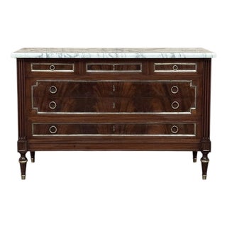 French Mahogany Louis XVI Style Commode With Carrara Marble Top For Sale