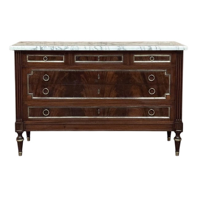 French Mahogany Louis XVI Style Commode With Carrara Marble Top For Sale