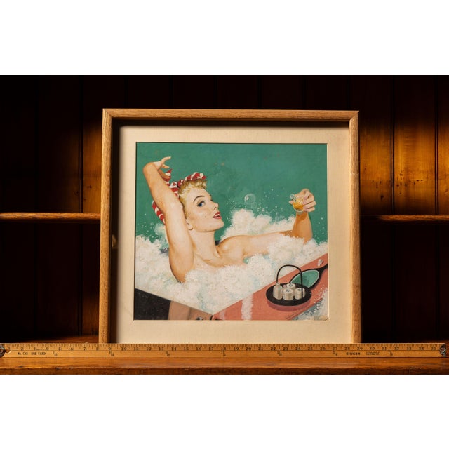 1950s Robert Patterson Original Framed Patterson Pin-Up Girl in Bath Painting; Signed For Sale - Image 4 of 4