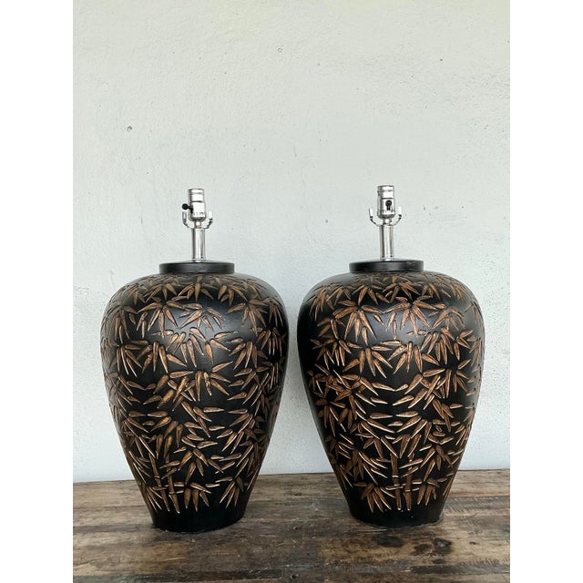 Vintage Glazed Ceramic Bamboo Shoots Lamps - A Pair For Sale - Image 10 of 12
