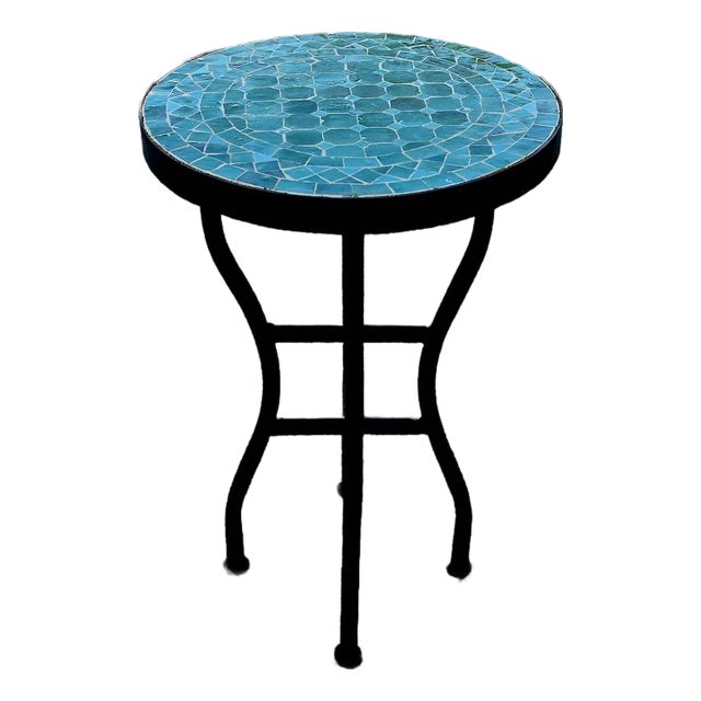 16" Mini Moroccan Mosaic Accent Table – Emerald Aqua Tile Top For Sale