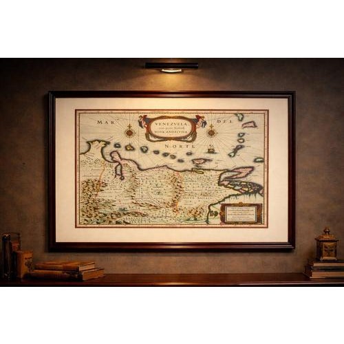 Gold Venezuela Map with Caribbean & Nueva Andalusia from Blaeu, 1642 For Sale - Image 8 of 12