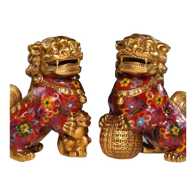 Pair of Vintage Cloisonné Enamel Guardian Lions – Gilt Bronze Jing Lions With Cub & Ball For Sale