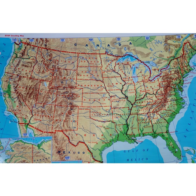 Original Mid Century Cram’s Pull Down Us School Map Usa Wall Map Geography 63" For Sale - Image 11 of 18