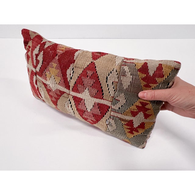 Vintage Turkish Kilim Lumbar Pillow | Handwoven Wool Decorative Cushion | 9 in X 17 In For Sale In New York - Image 6 of 12
