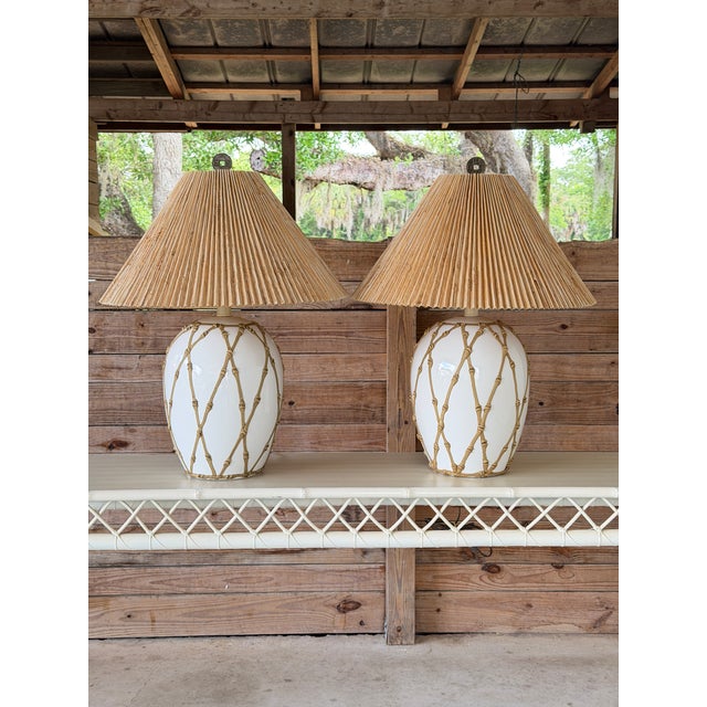 Vintage Hollywood Regency Boho Faux Bamboo “Icing” Ceramic Table Lamps With Raffia Shades - A Pair For Sale - Image 12 of 12