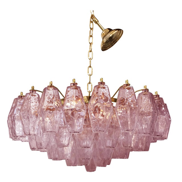 Murano Poliedro Murano Glass Pink Chandelier With Gold Metal Frame For Sale - Image 4 of 7