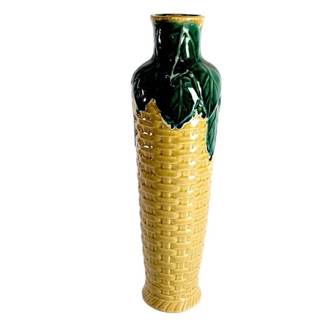 Farmhouse Tall Ceramic Dark Green Yellow Flower Vase For Sale - Image 3 of 9