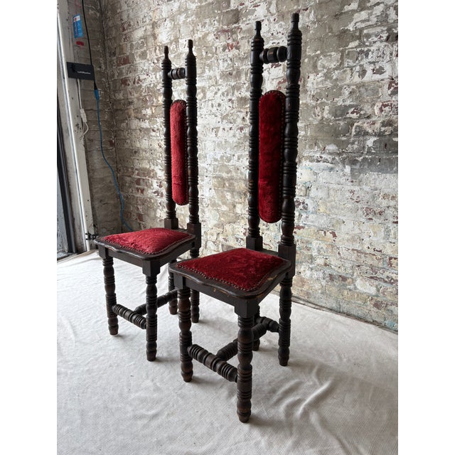 Spanish Revival Vintage Spanish Revival Prayer Chairs With Red Velvet Upholstery – Pair For Sale - Image 3 of 18