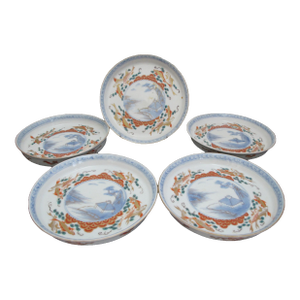 Japanese Gilt Arita Imari Porcelain Village Landscape & Fish Design Plate Set