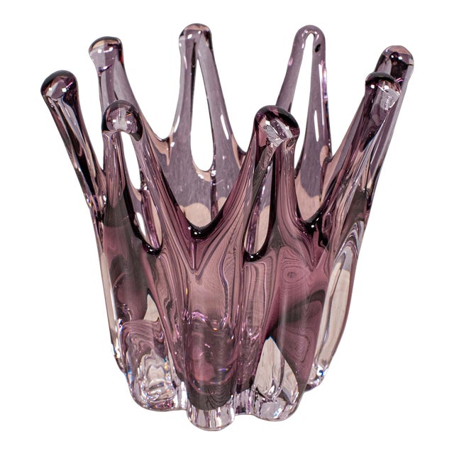 Vintage Starburst Display Bowl, Czech, Bohemia Art Glass Fruit Dish, Mid Century For Sale