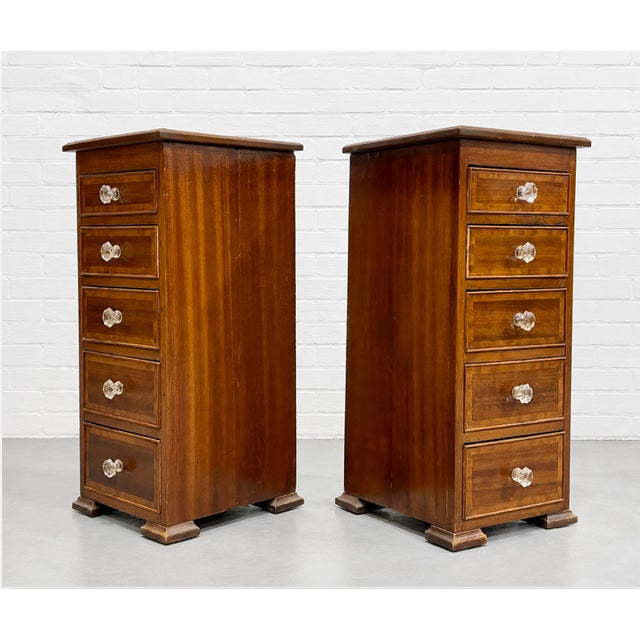 Pair of Federal Style Narrow Mahogany Dressers | 1920's Skinny Nightstands Glass Knobs For Sale In New York - Image 6 of 12